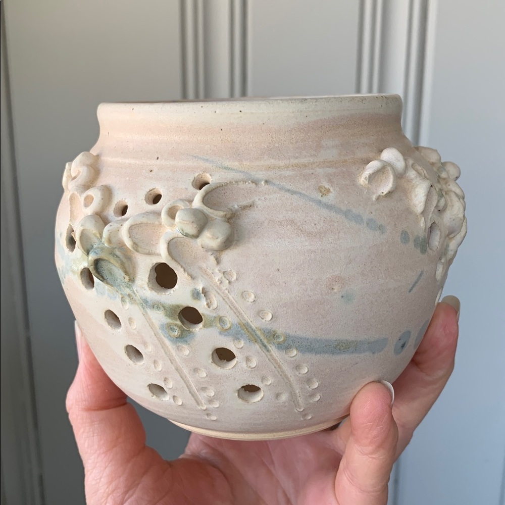 Vintage artisan signed handmade studio art pottery candle holder bohemian pastel
